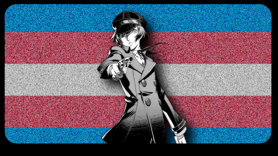 Naoto Shirogane standing in front of a trans flag