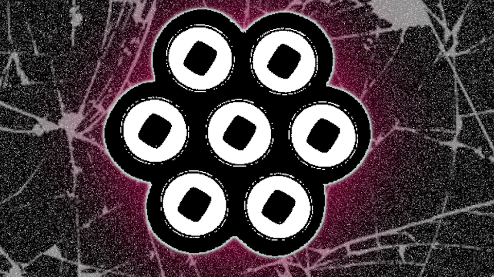 multiocular O in front of a cracked noisy background